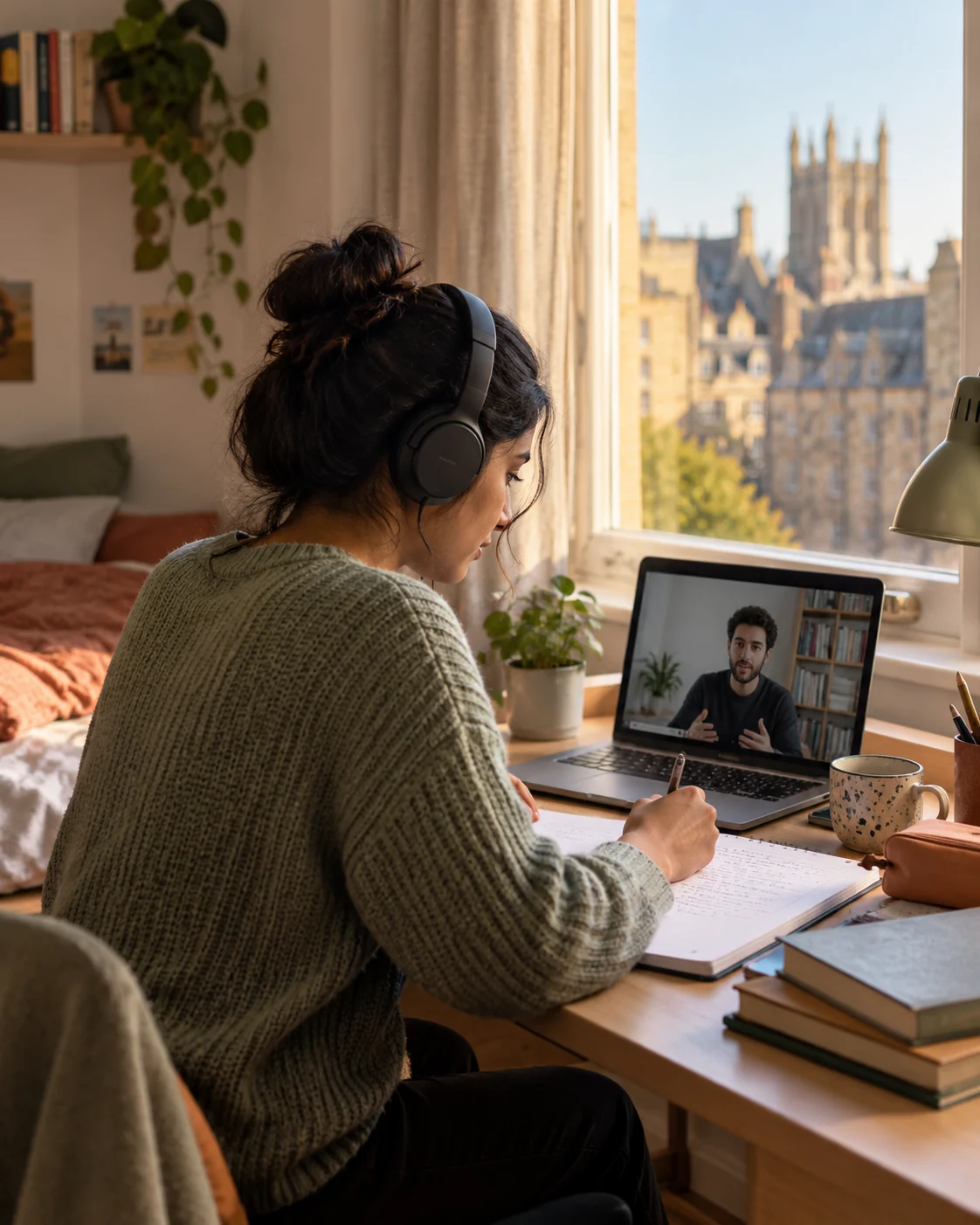 Student working through notes with a tutor on a laptop video call