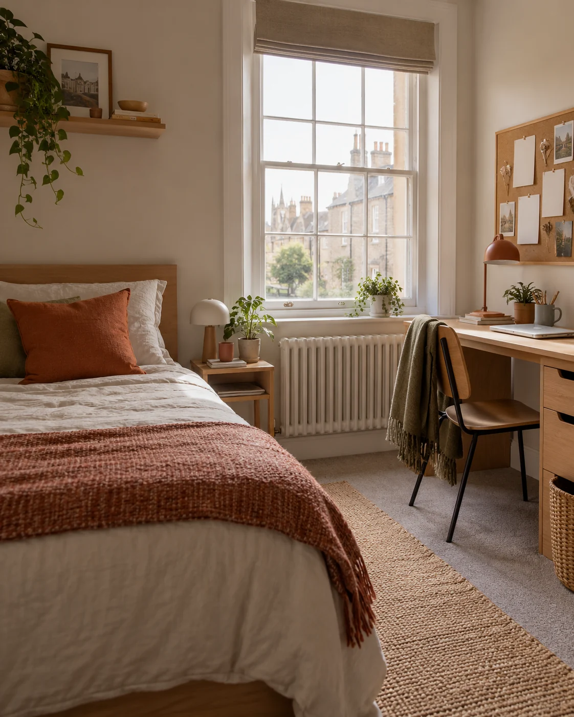Bright, furnished student bedroom with a desk by the window