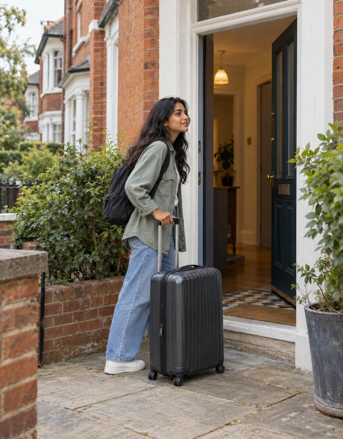 International student with a suitcase arriving at the front door of her UK student accommodation
