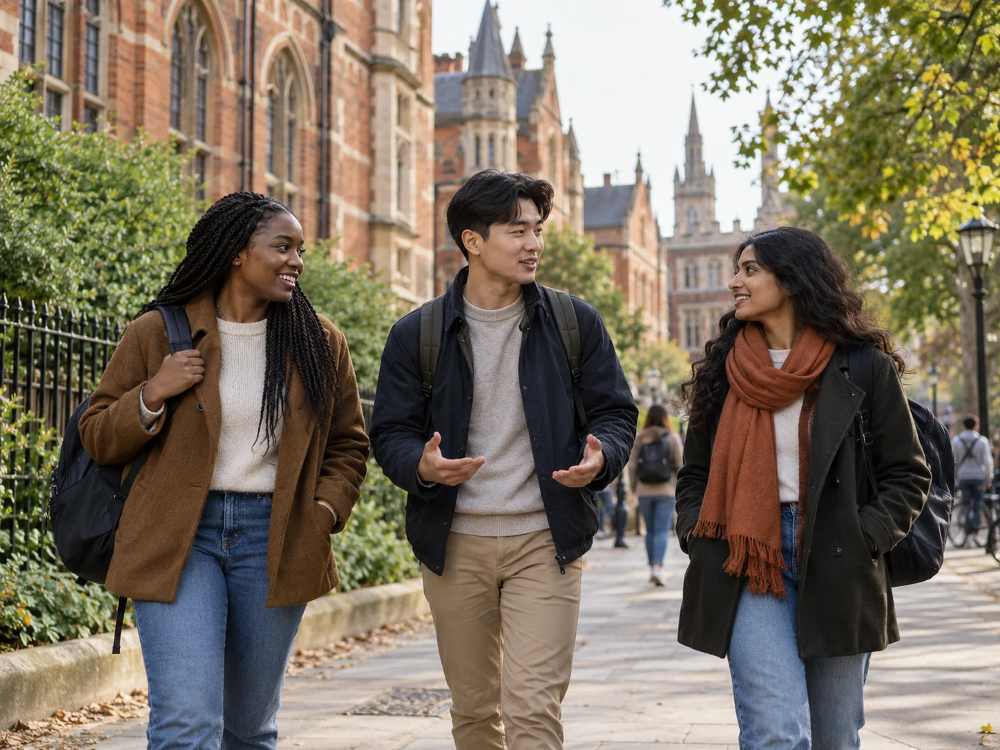 Group of international students walking together through a UK city centre